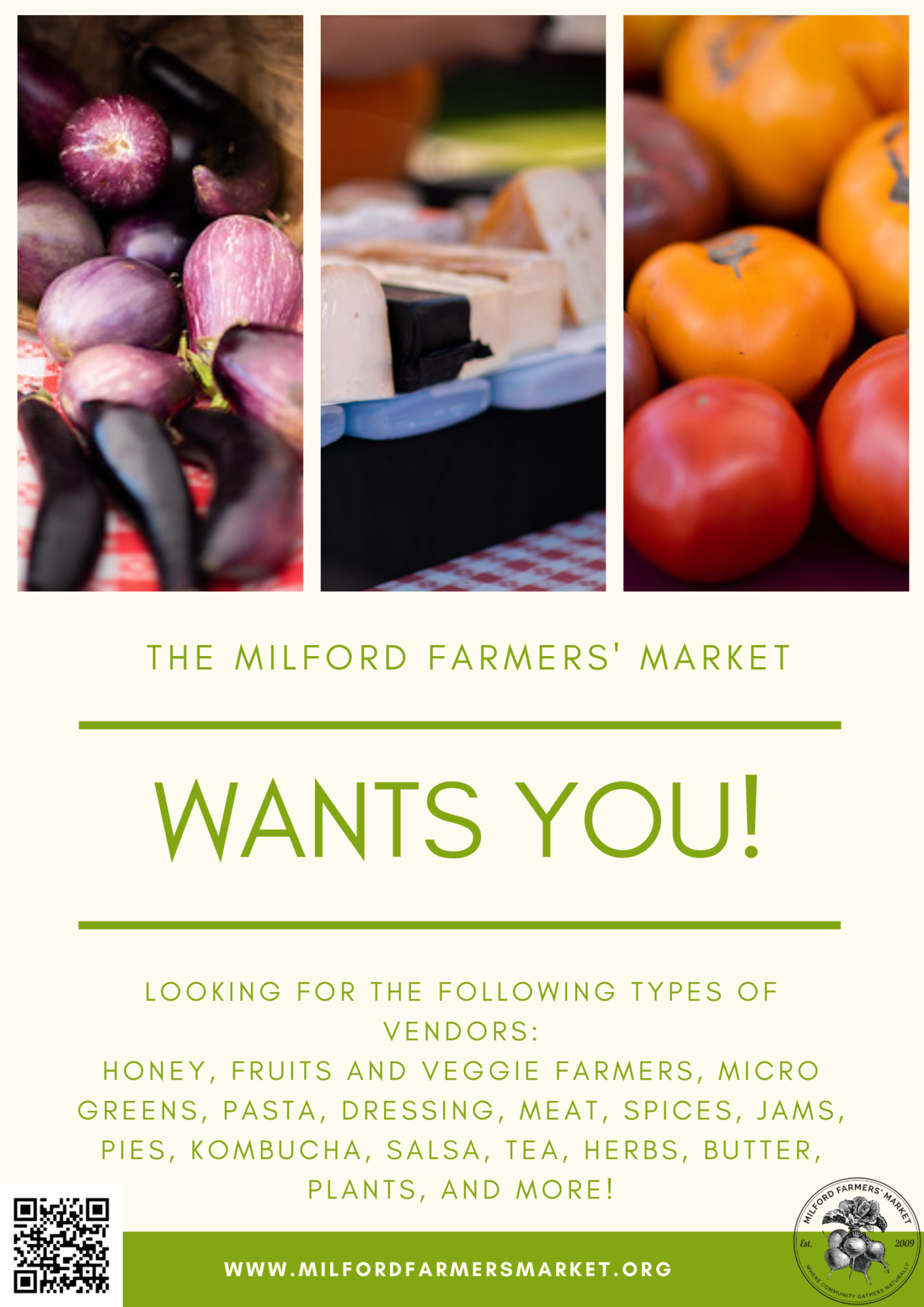 Milford Farmers' Market vendor recruitment poster